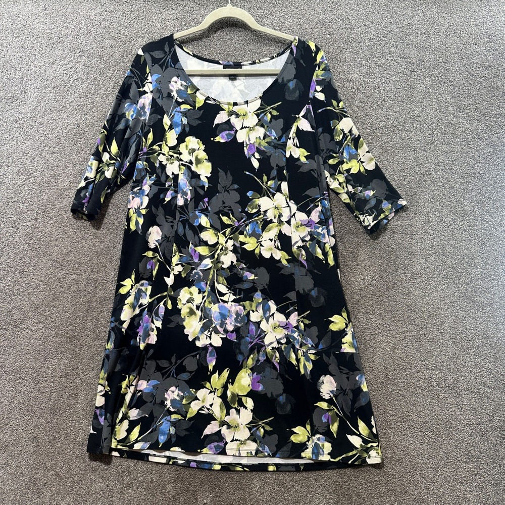 J Jill Wearever A Line Dress Women Medium Petite Black Floral 3/4 Sleeve Stretch